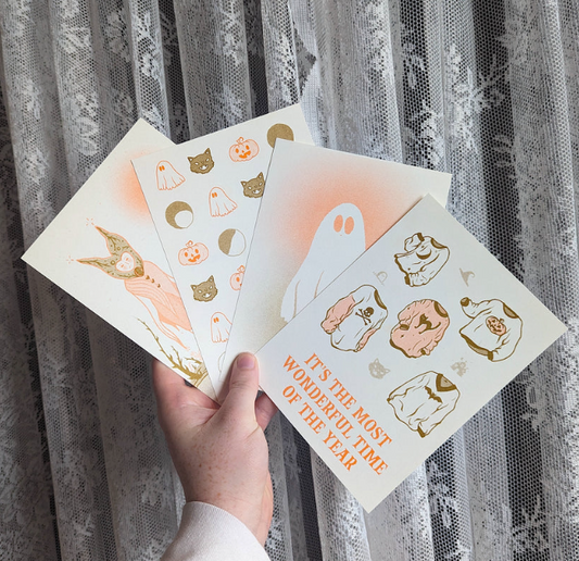 soft halloween risograph postcard set